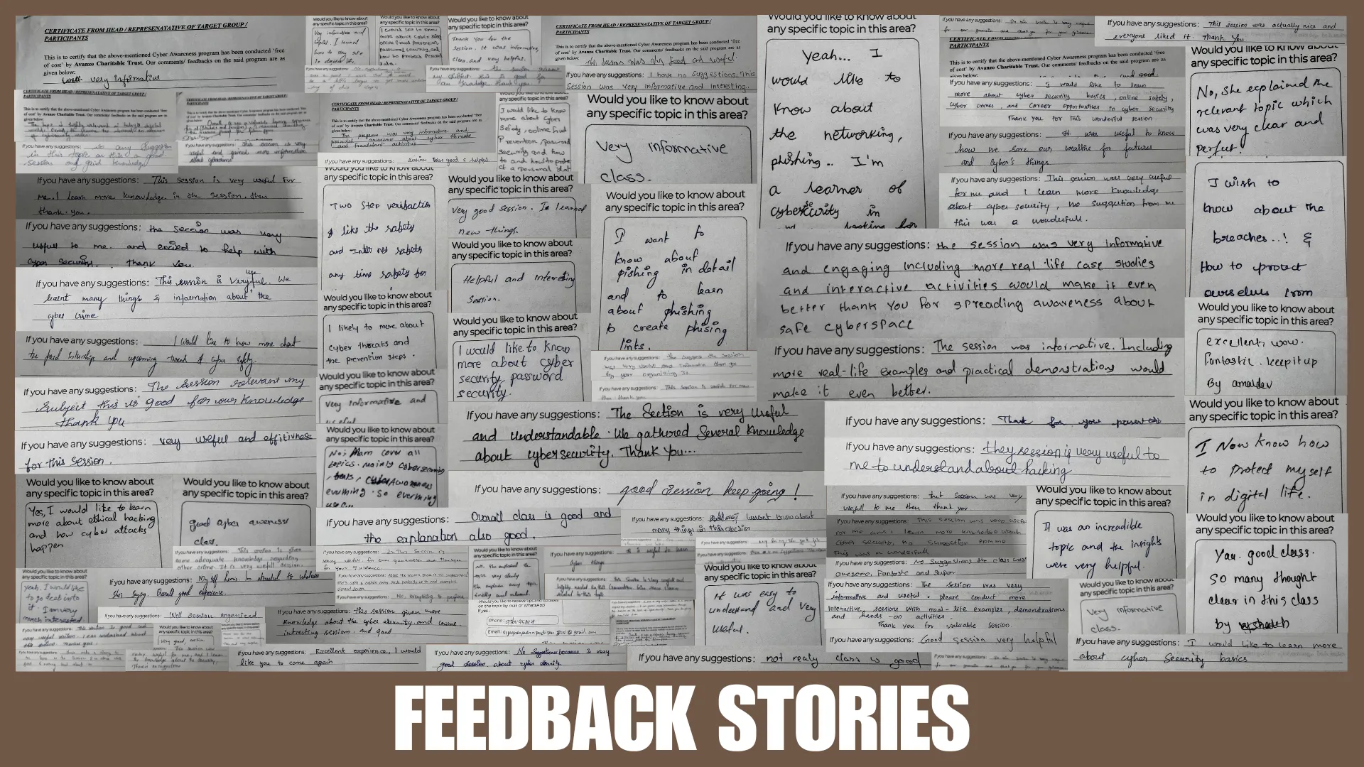 Collage of real handwritten feedback with 'Feedback Stories' label from Avanzo Trust awareness programs